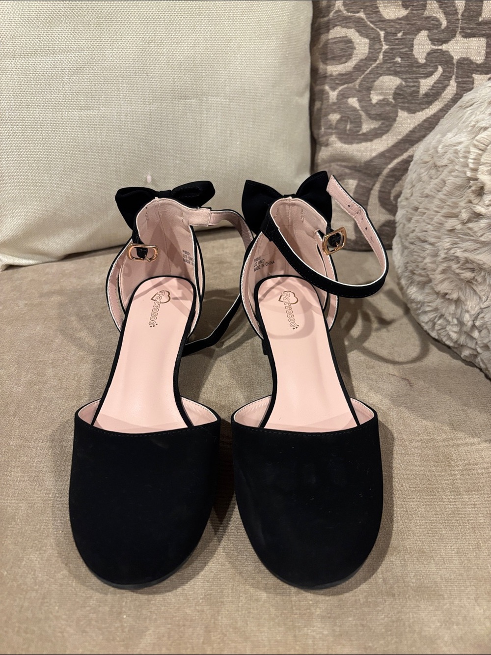 Girl’s Black Ankle-Strap Dress Flats with Bow